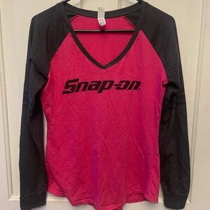 District Women's Pink and Black V-Neck Long Sleeve Tee